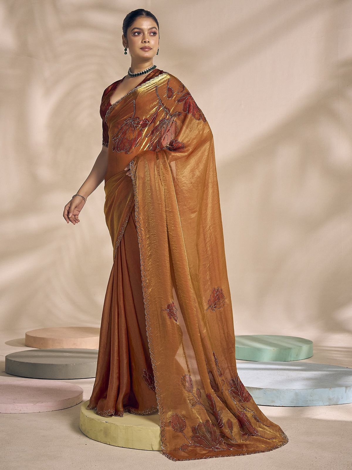 Bronze satin silk saree view 1