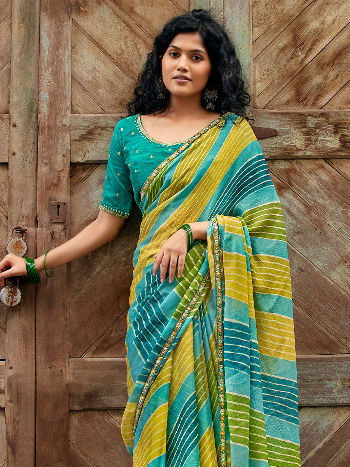 Teal Green georgette saree view 2