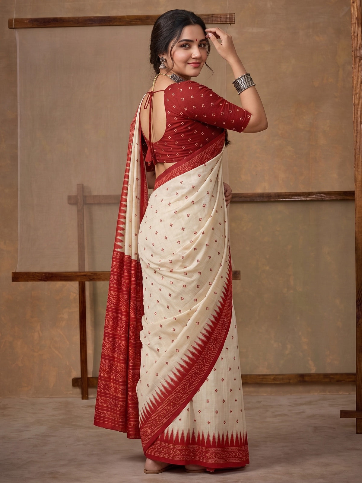 Off White tussar silk saree view 1