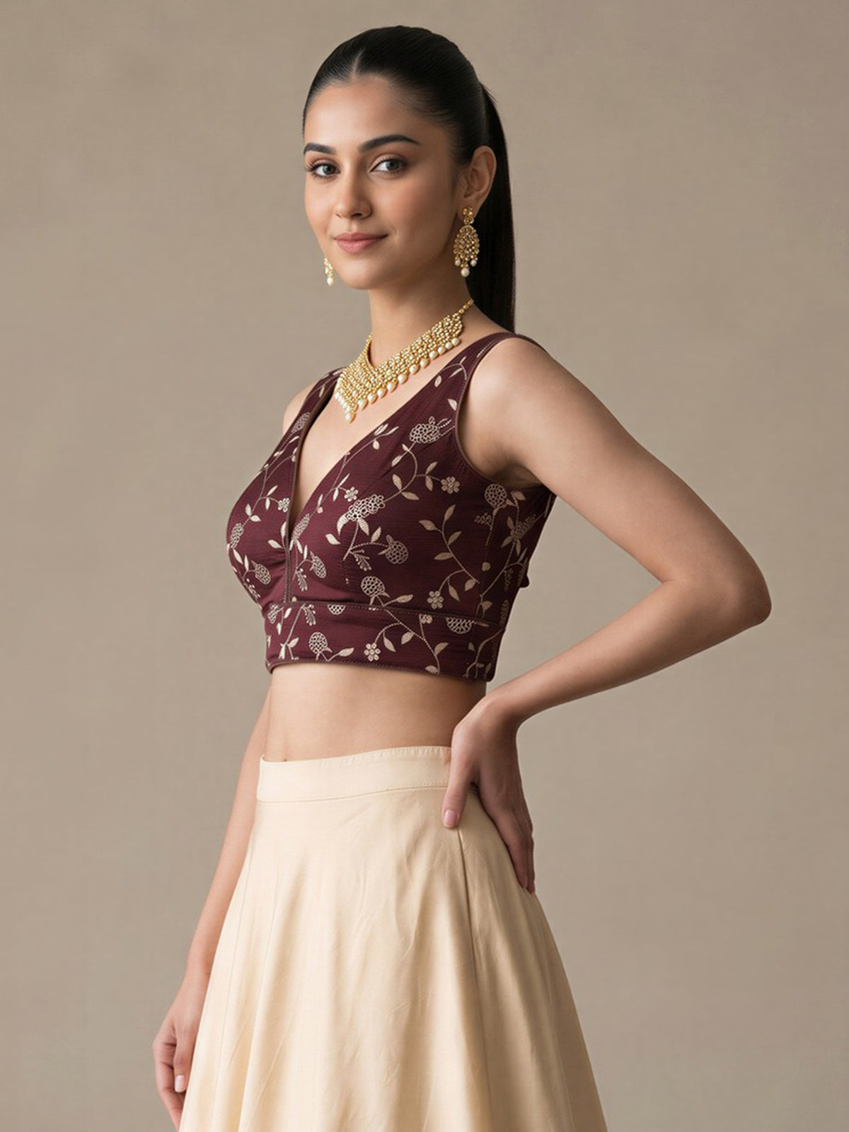 Dark Brown sequin embellished silk blend sleeveless readymade saree blouse with v neck view 1
