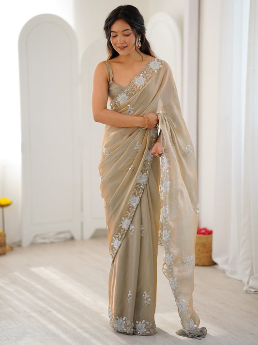Woman wearing metallic satin saree with ornamented surface design and metallic blouse