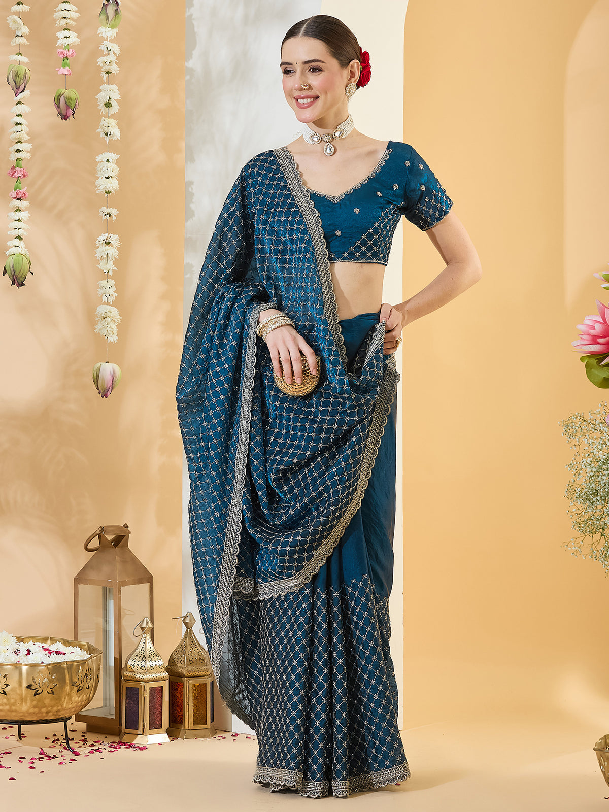Teal Blue Satin saree – detail view 3