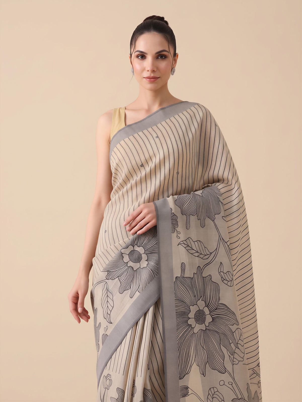 Beige silk blend saree view 4