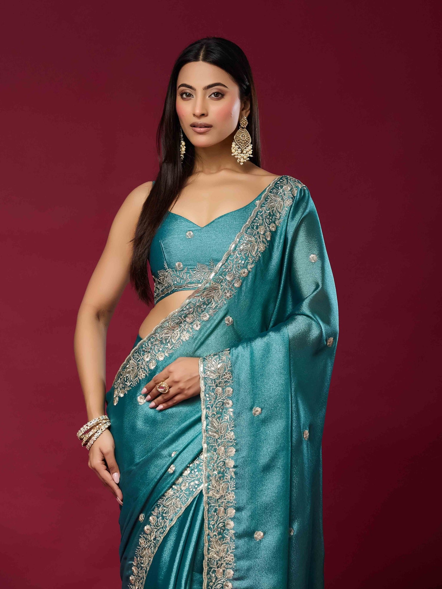 Teal Blue Chinnon saree – detail view 5