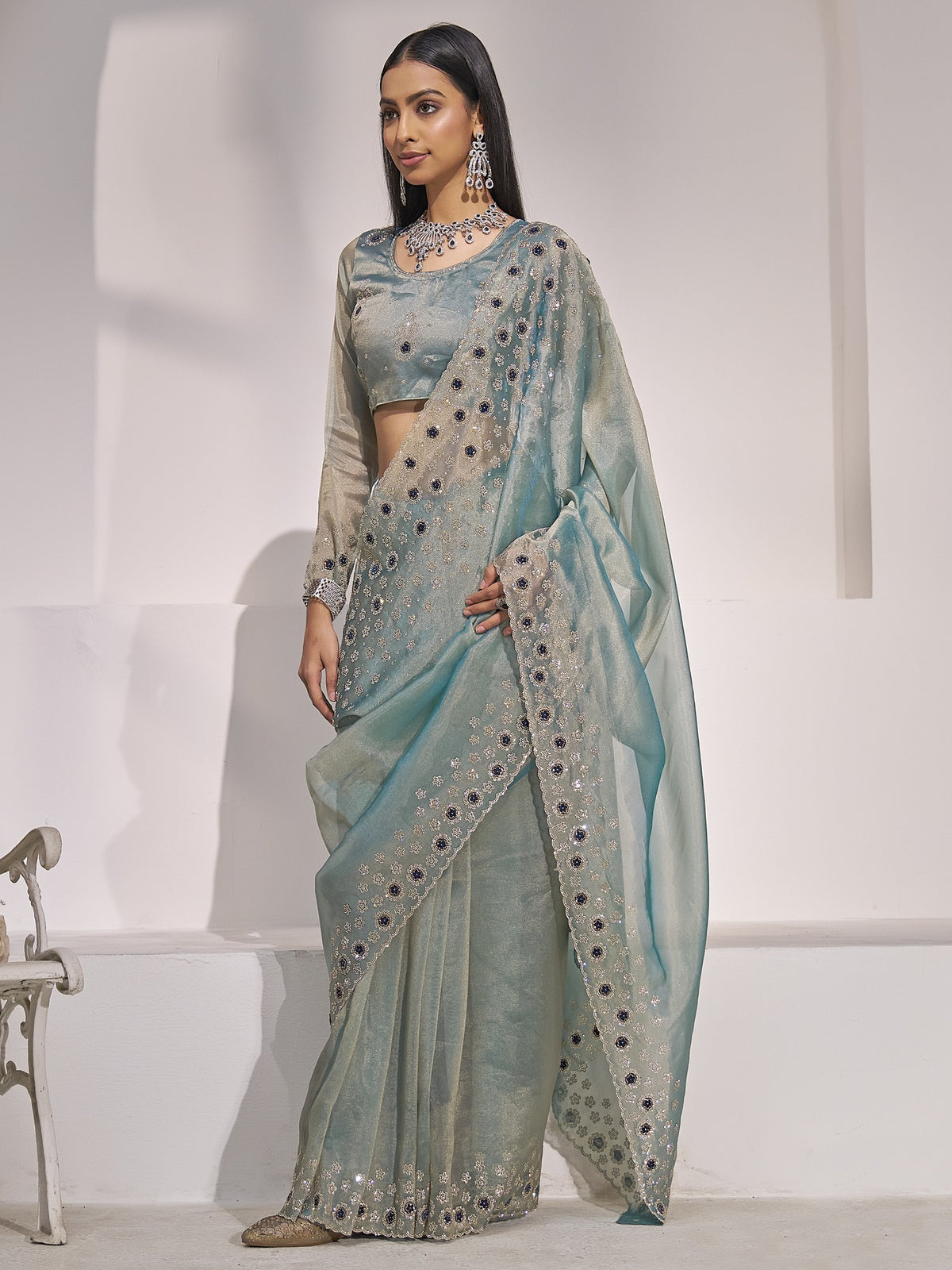 Light Blue organza saree view 3