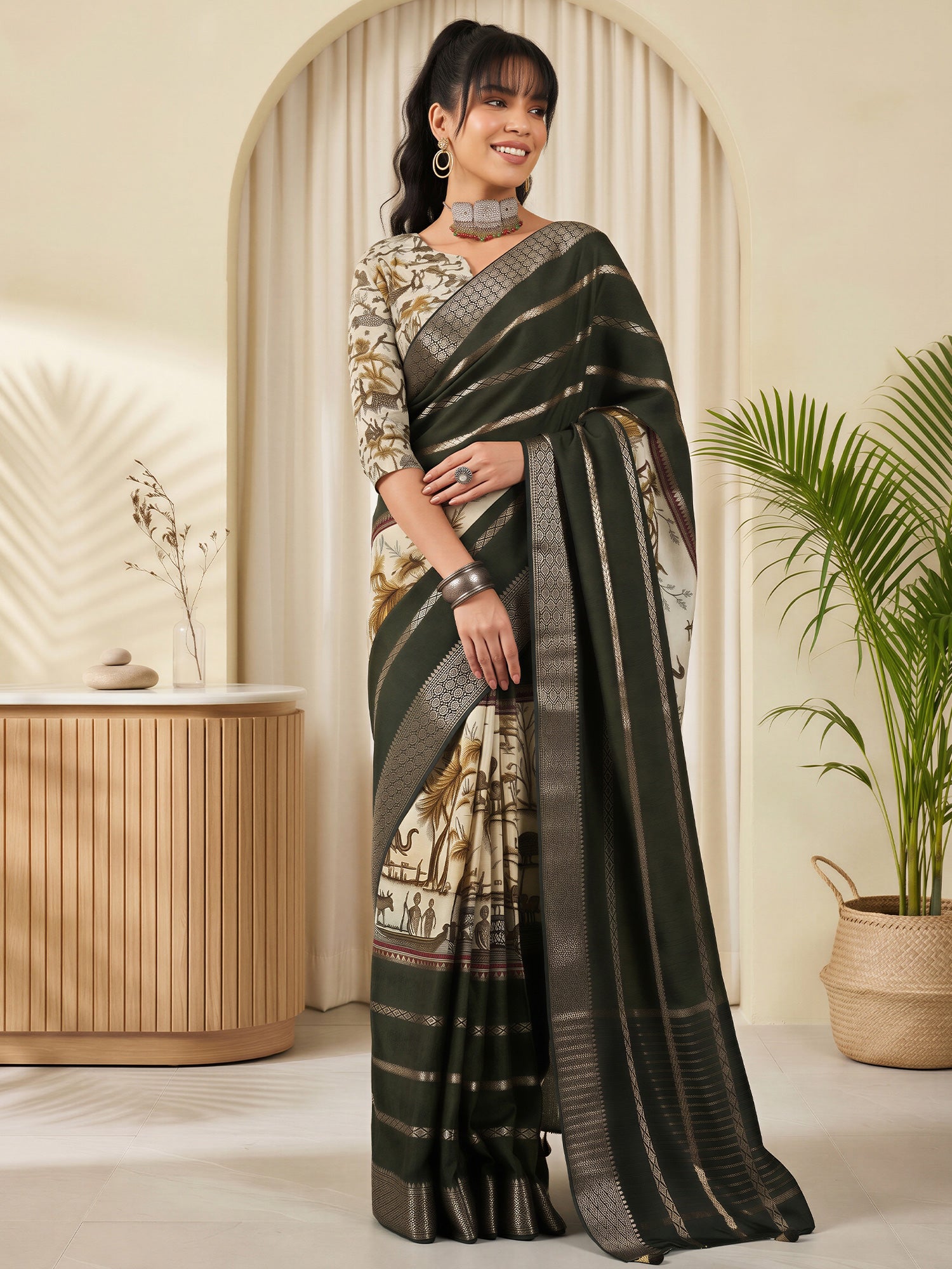 Woman wearing dark green viscose silk saree with traditional indian motif work and cream blouse