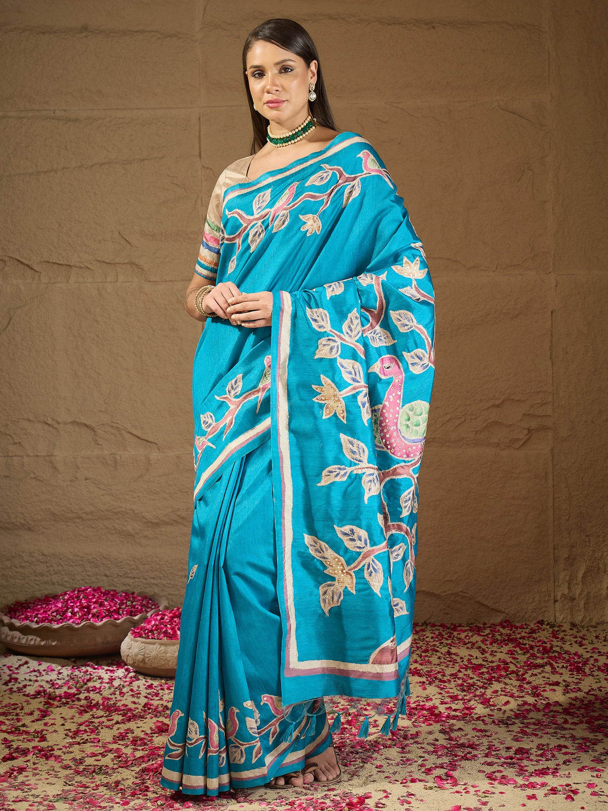 Turquoise Blue ethnic motif art silk saree with beige blouse piece