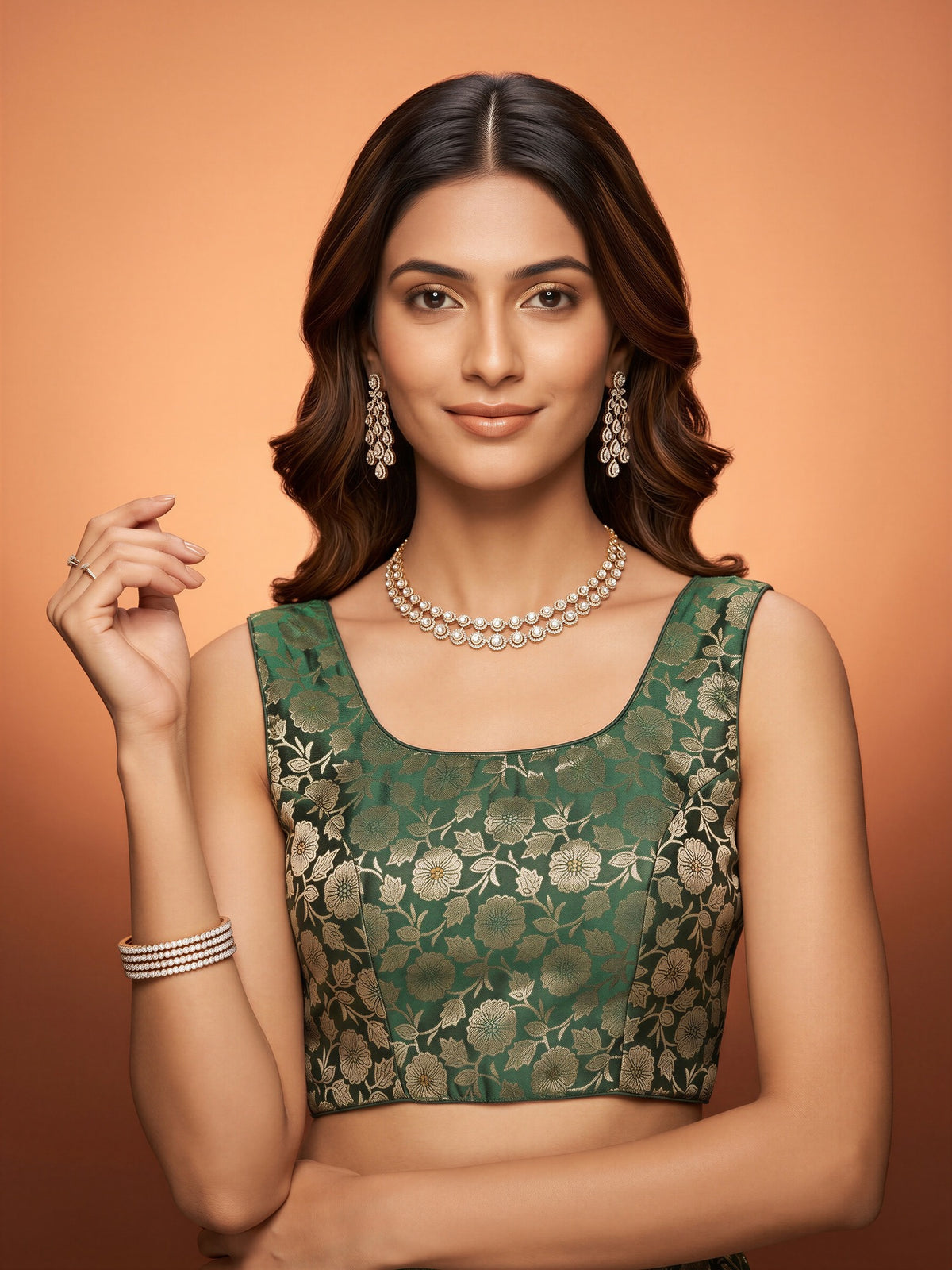 Dark Green woven brocade silk blend sleeveless readymade saree blouse with round neck