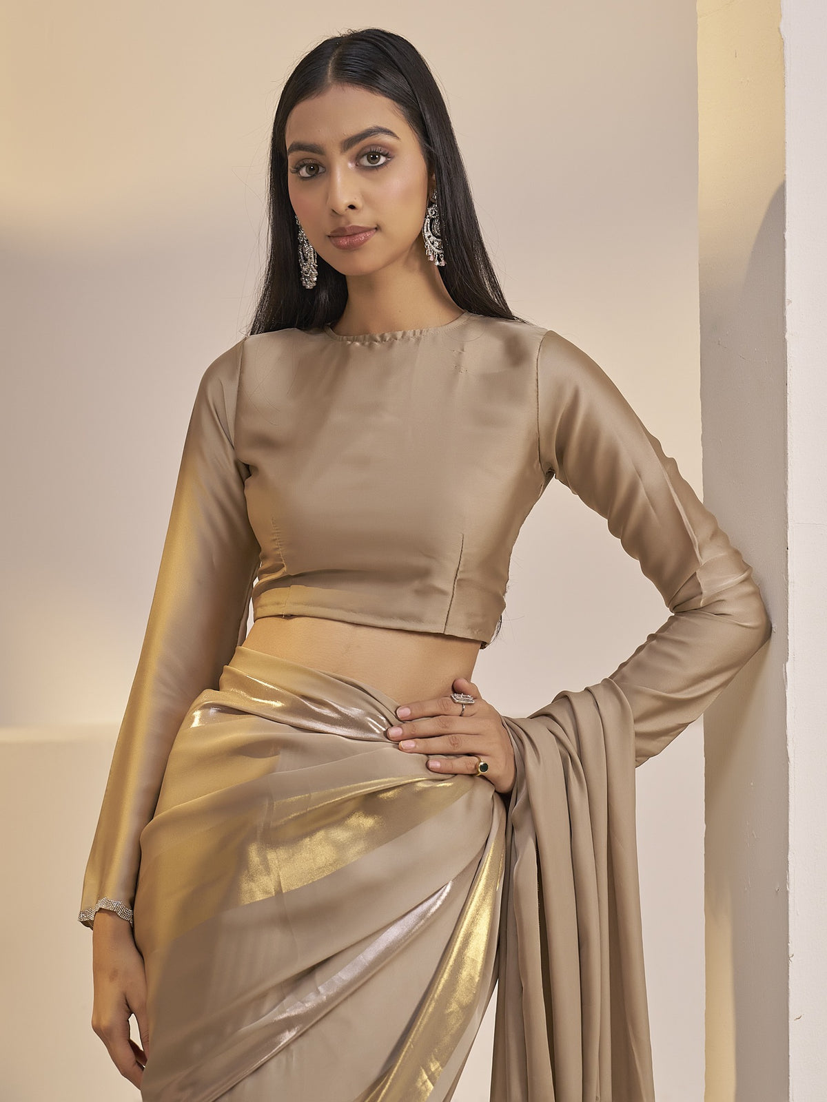 Metallic satin silk saree view 5
