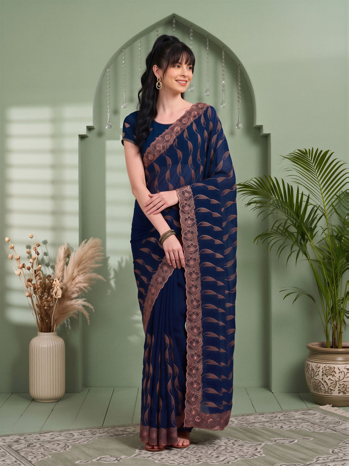 Teal Blue Pure Georgette saree – detail view 3