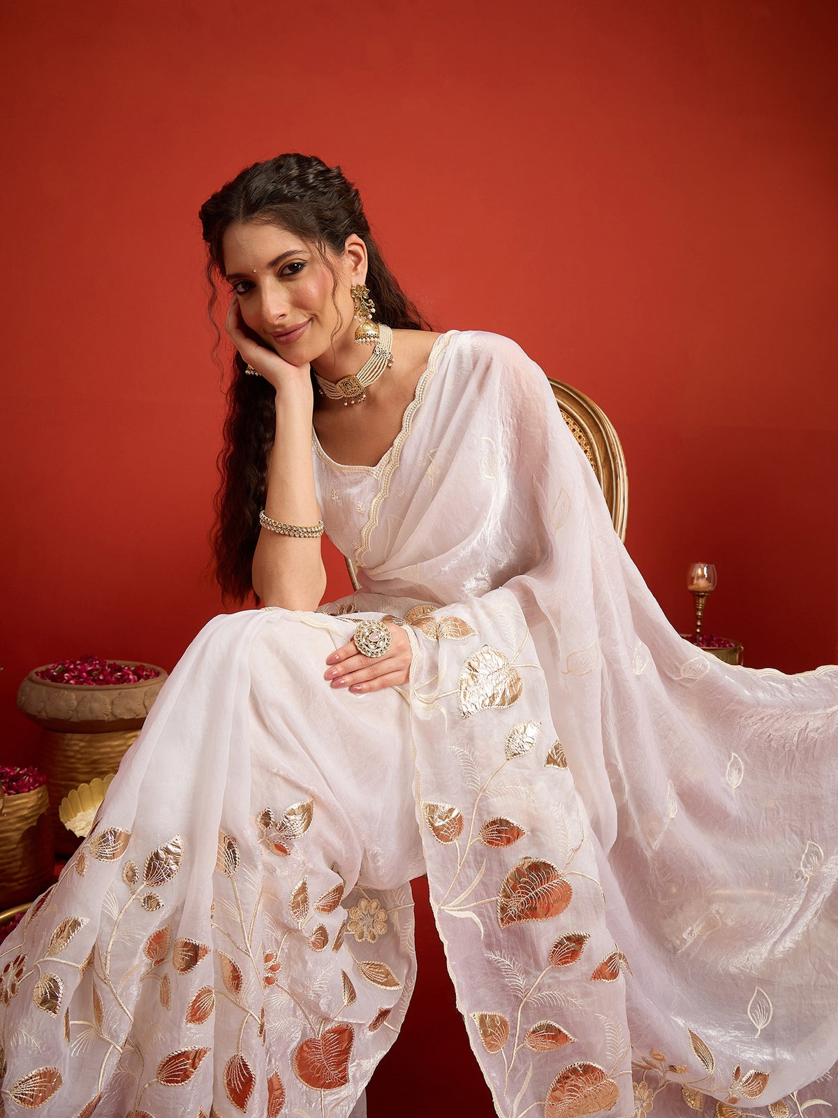White Satin Silk saree – detail view 2