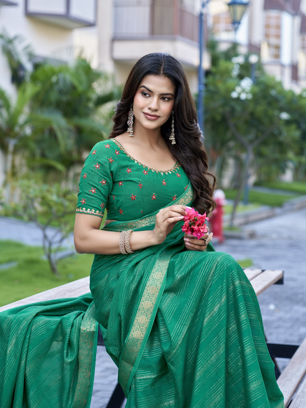 Teal Green jacquard saree view 4