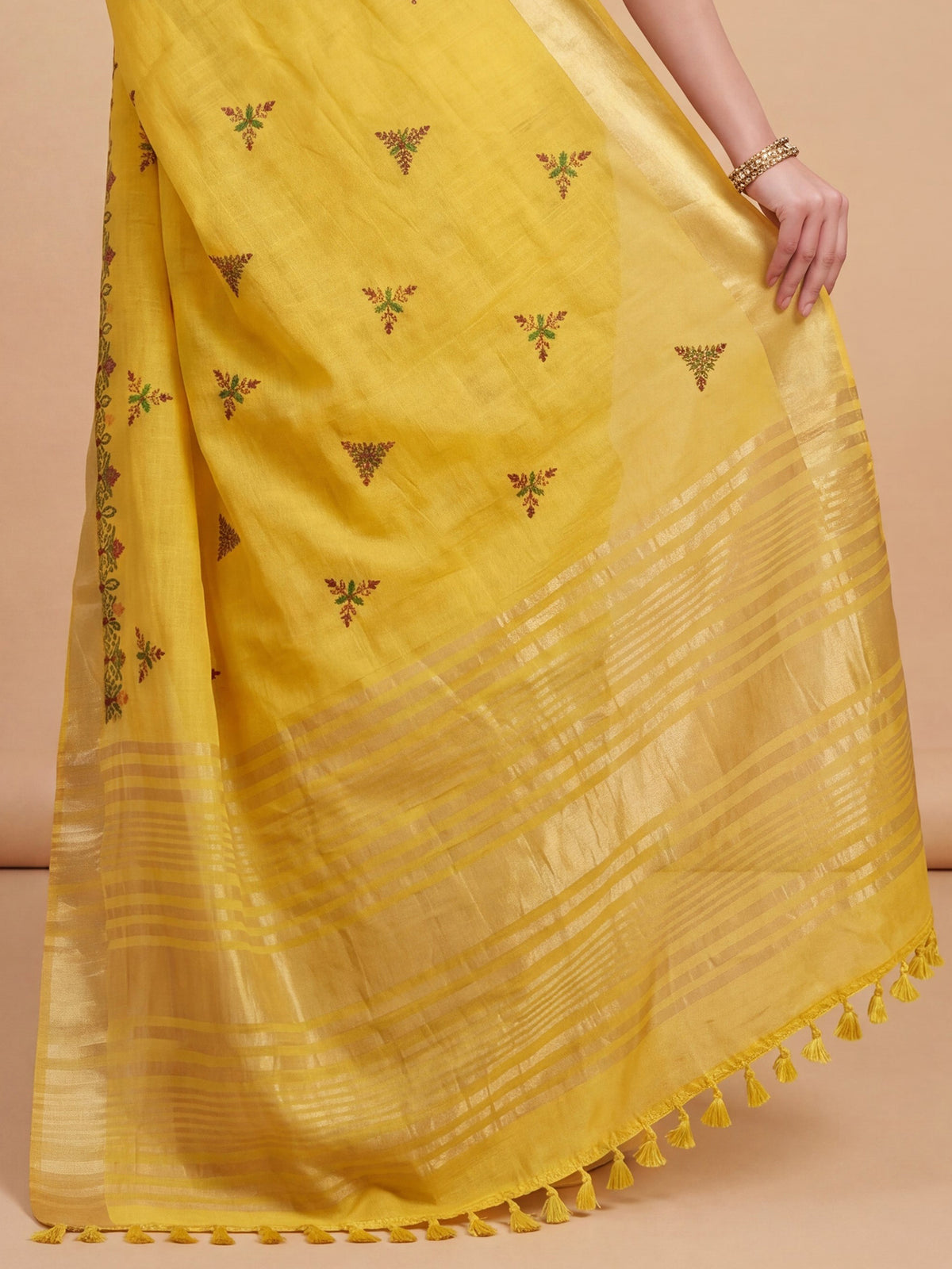 Yellow Cotton Linen saree – detail view 5
