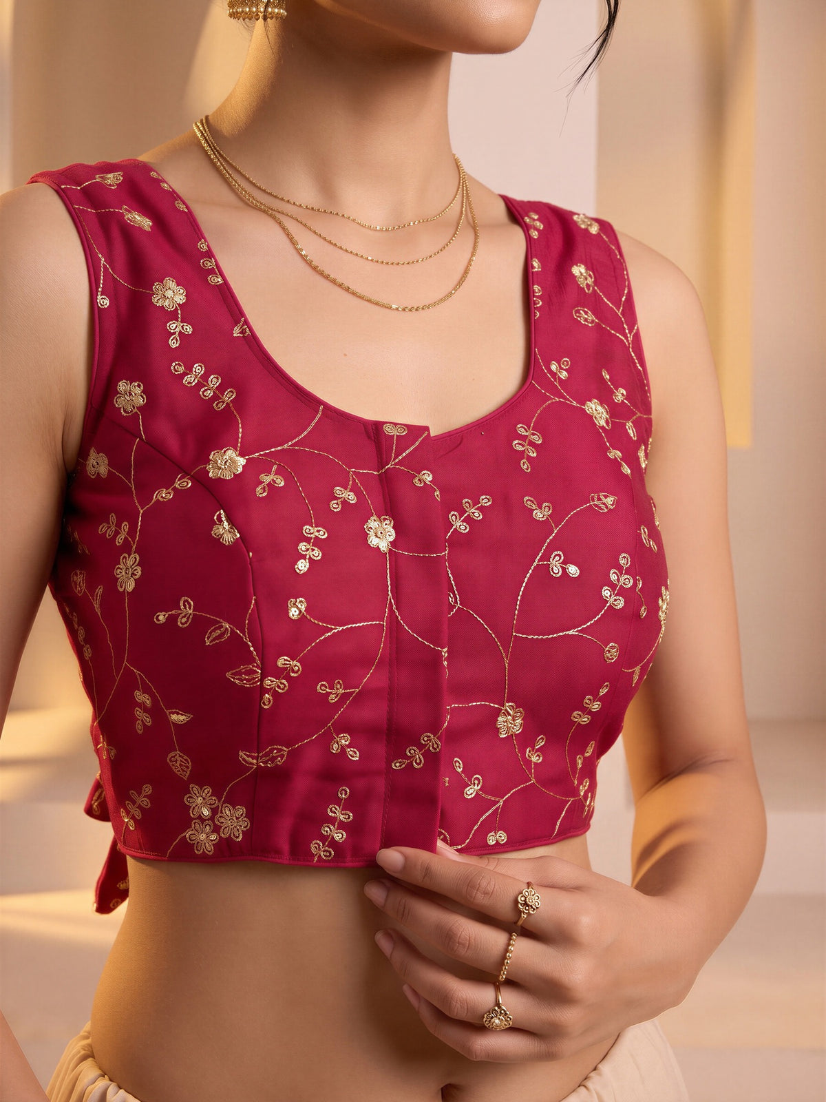 Pink sequin embroidered vichitra silk sleeveless readymade saree blouse with round neck view 4