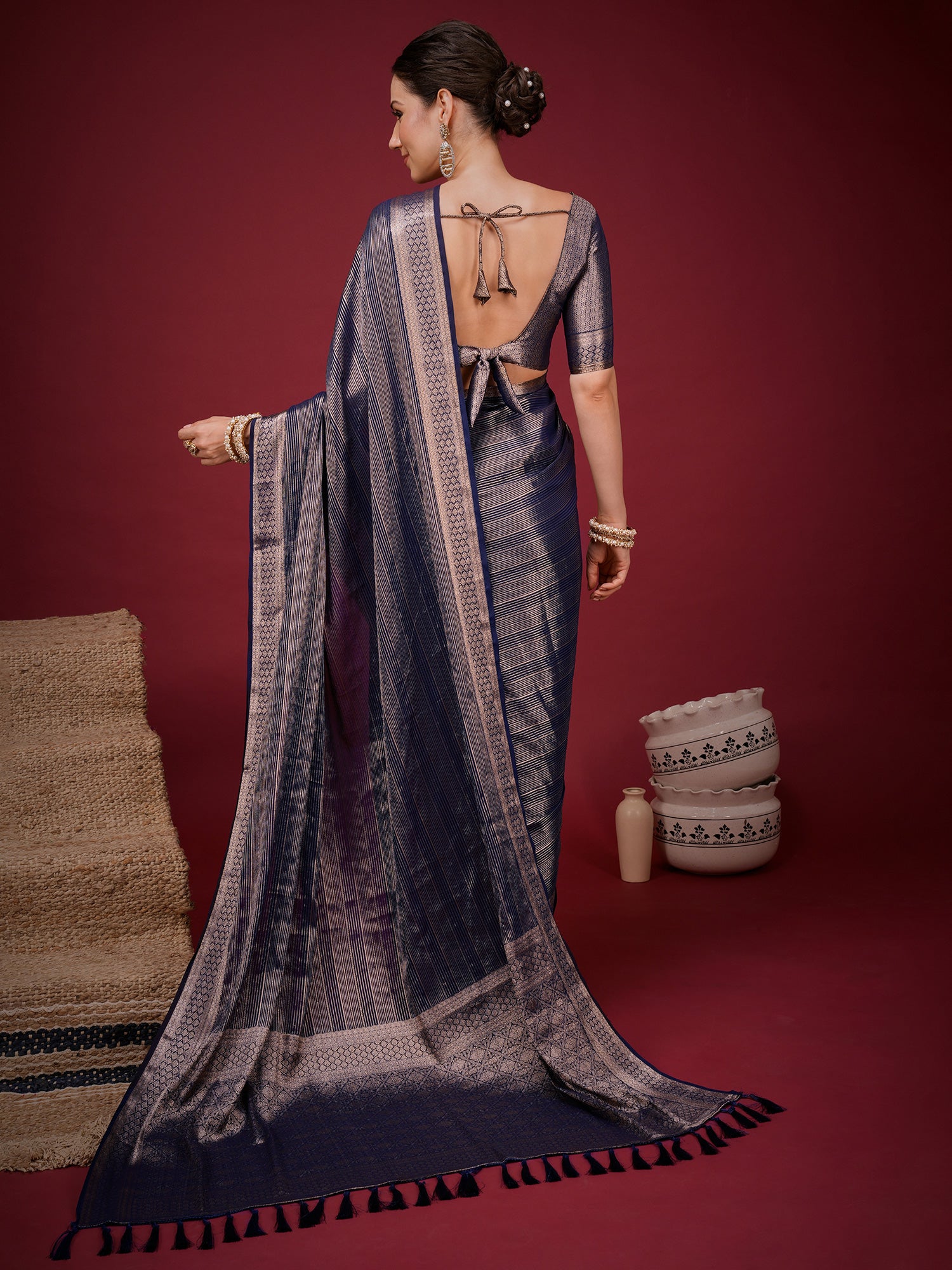 Navy Blue Viscose Silk saree – detail view 1