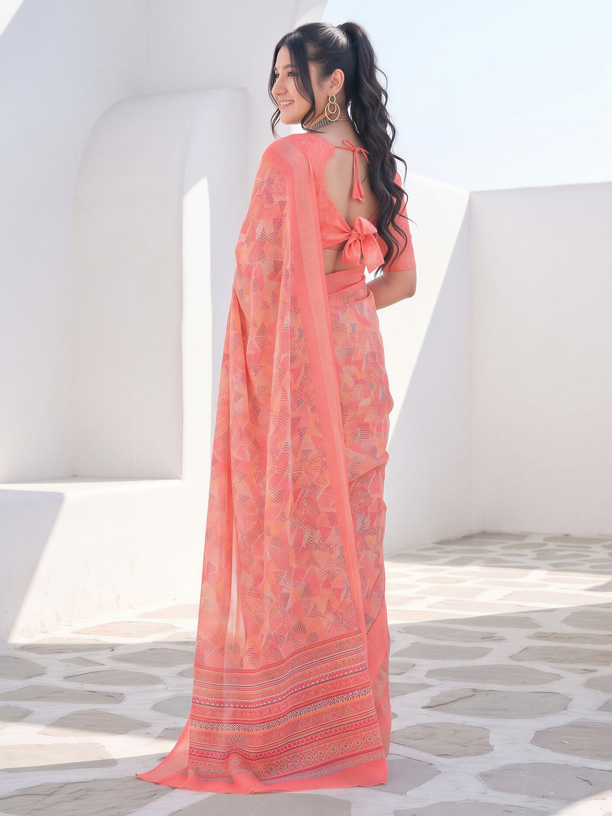 Peach Cotton Linen saree – detail view 1