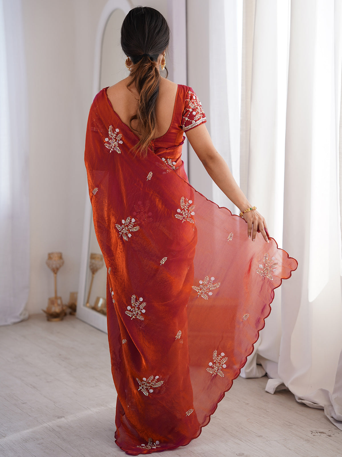 Rust Satin saree – detail view 1