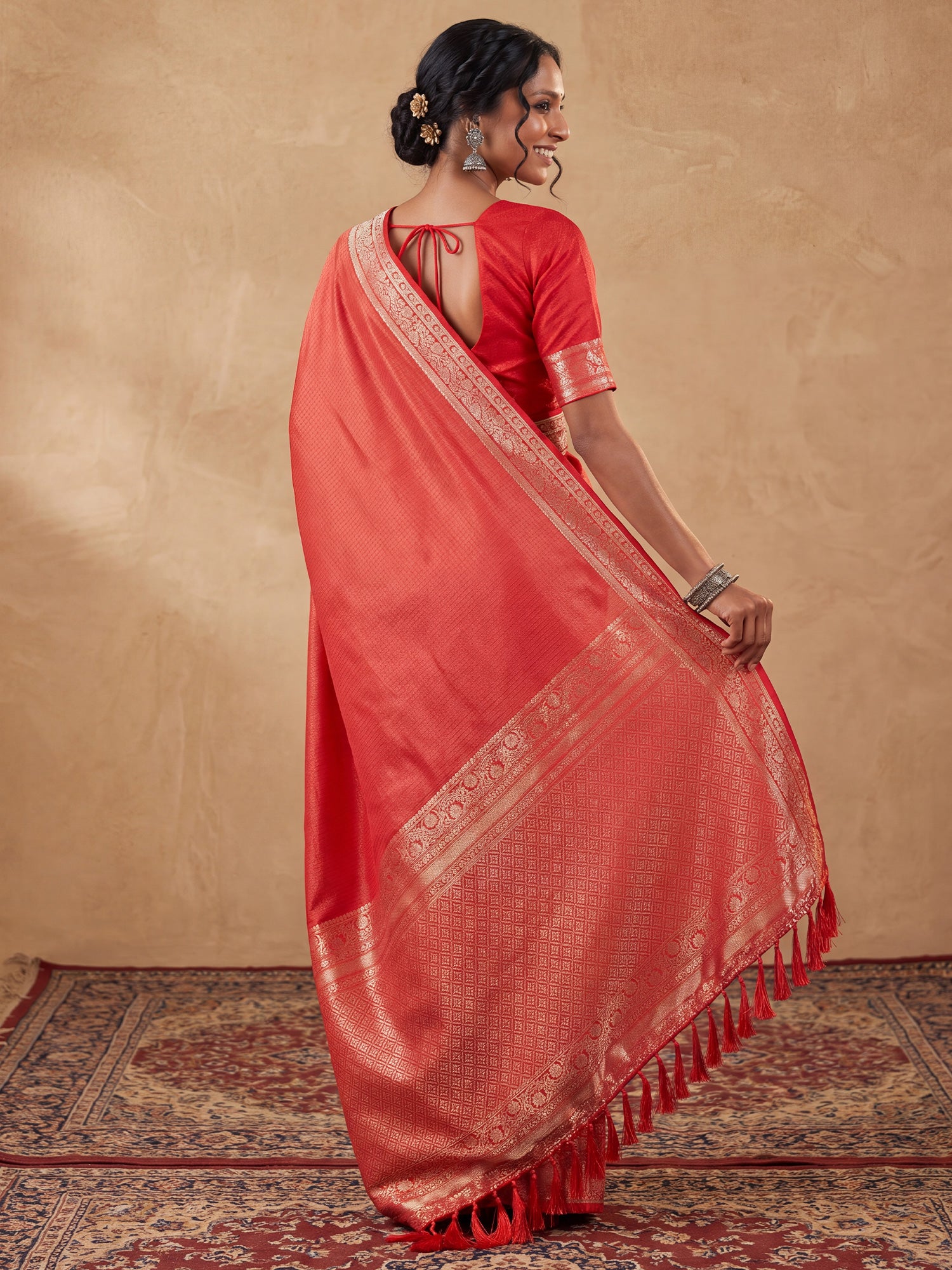 Red Satin Silk saree – detail view 1