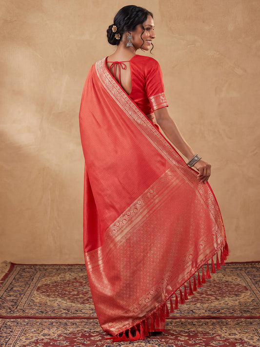 Red Satin Silk saree – detail view 1