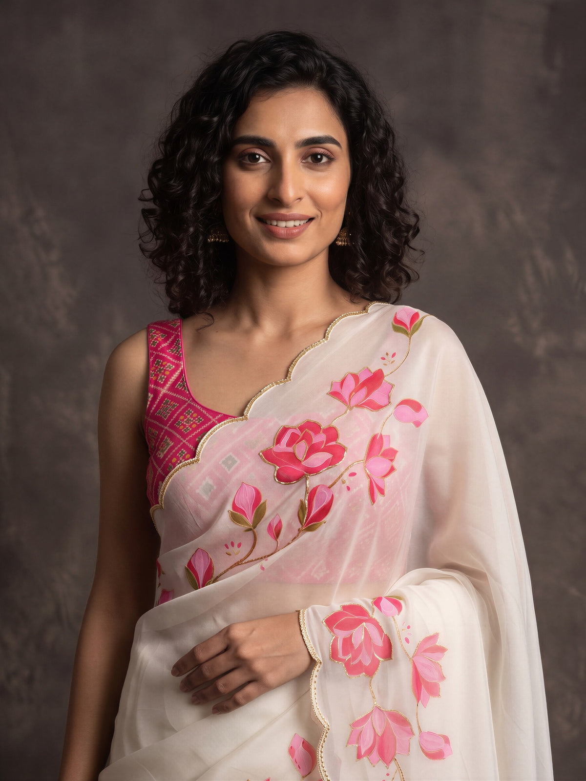 Off White satin saree view 4