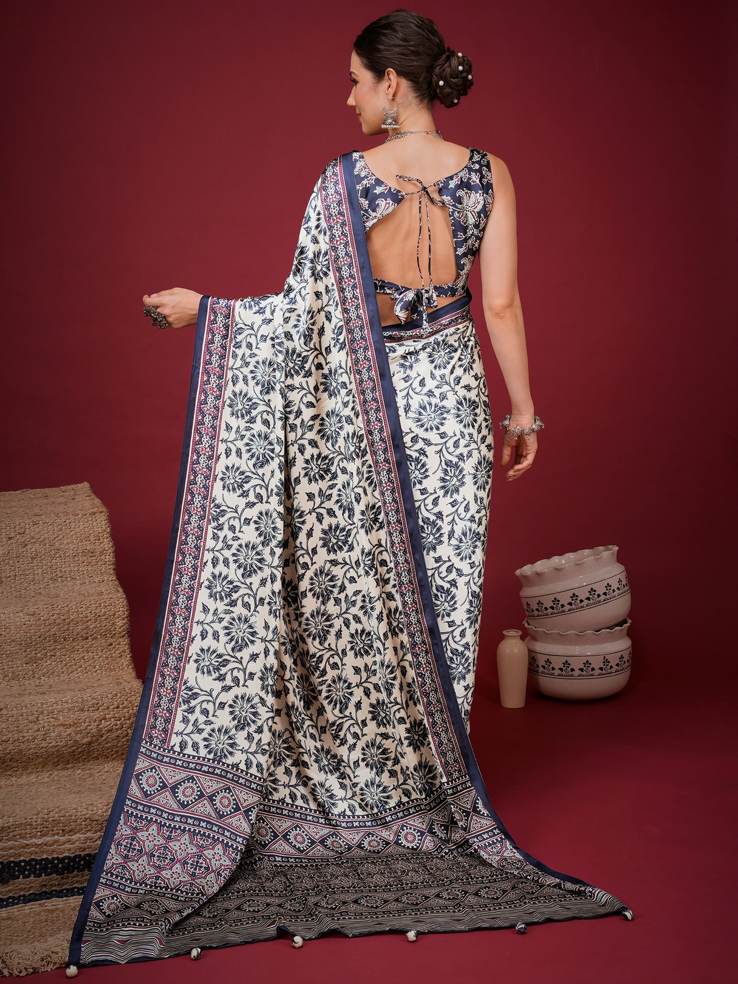 Cream Satin saree – detail view 1