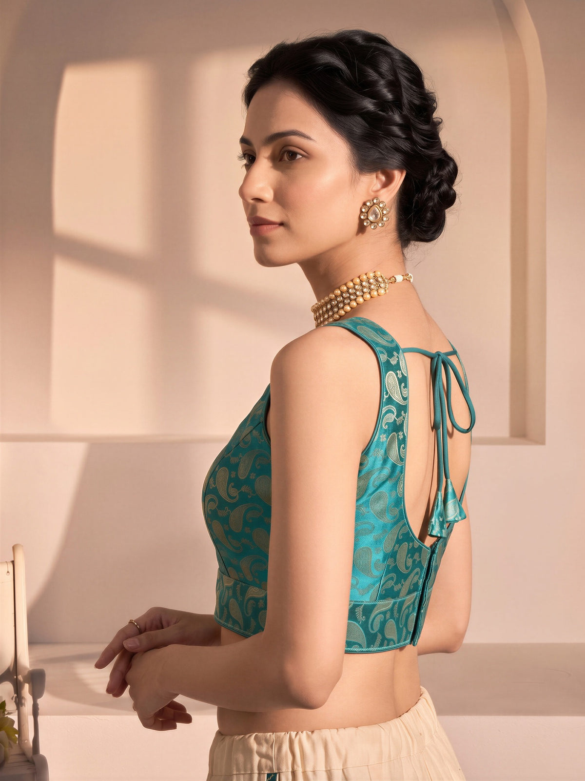 Turquoise Blue woven brocade silk blend sleeveless readymade saree blouse with v neck view 2