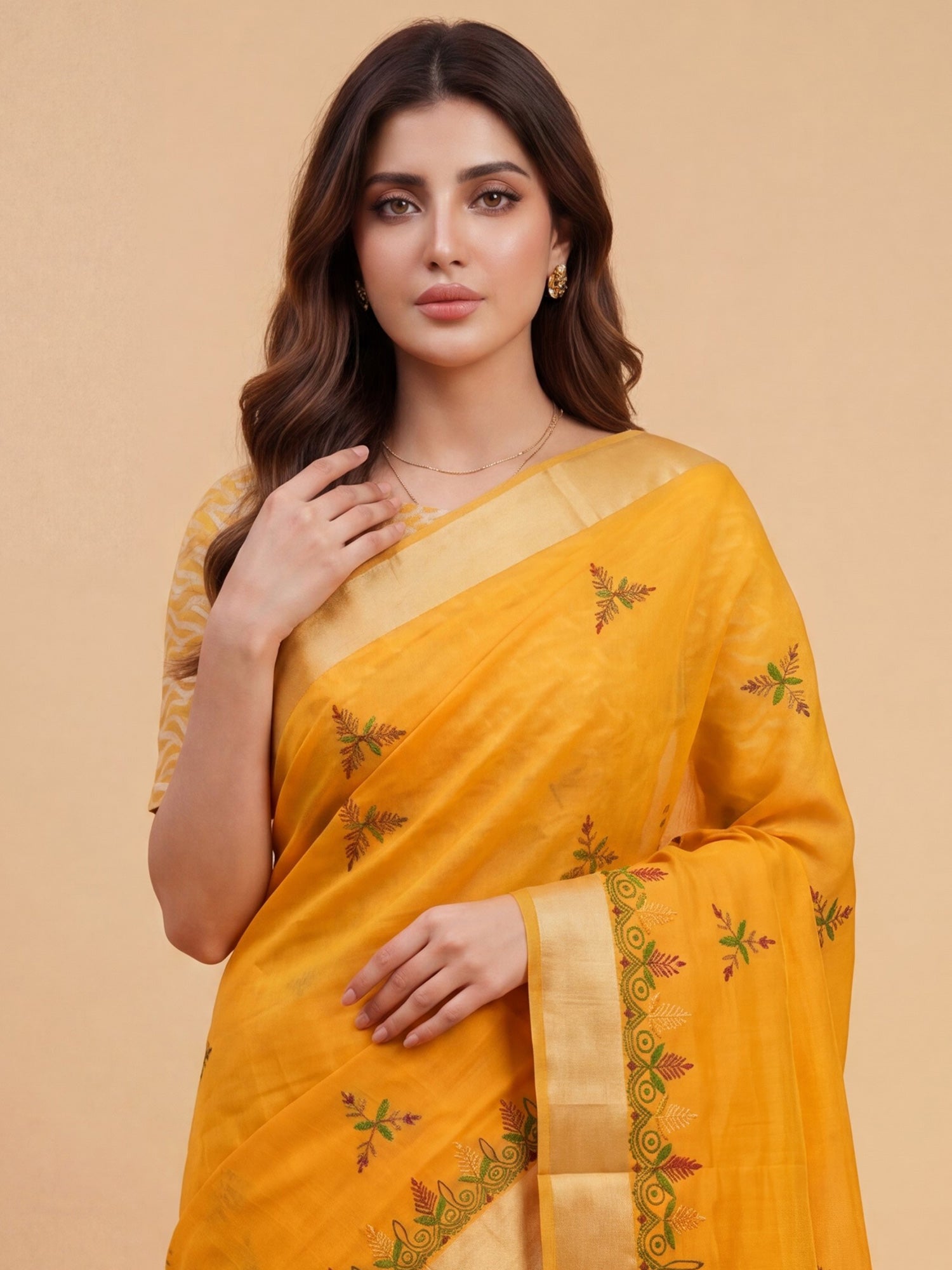 Mustard Cotton Linen saree – detail view 4