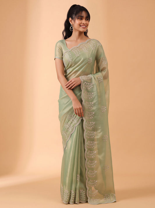 Woman wearing light green chiffon saree with ornamented surface design and light green blouse