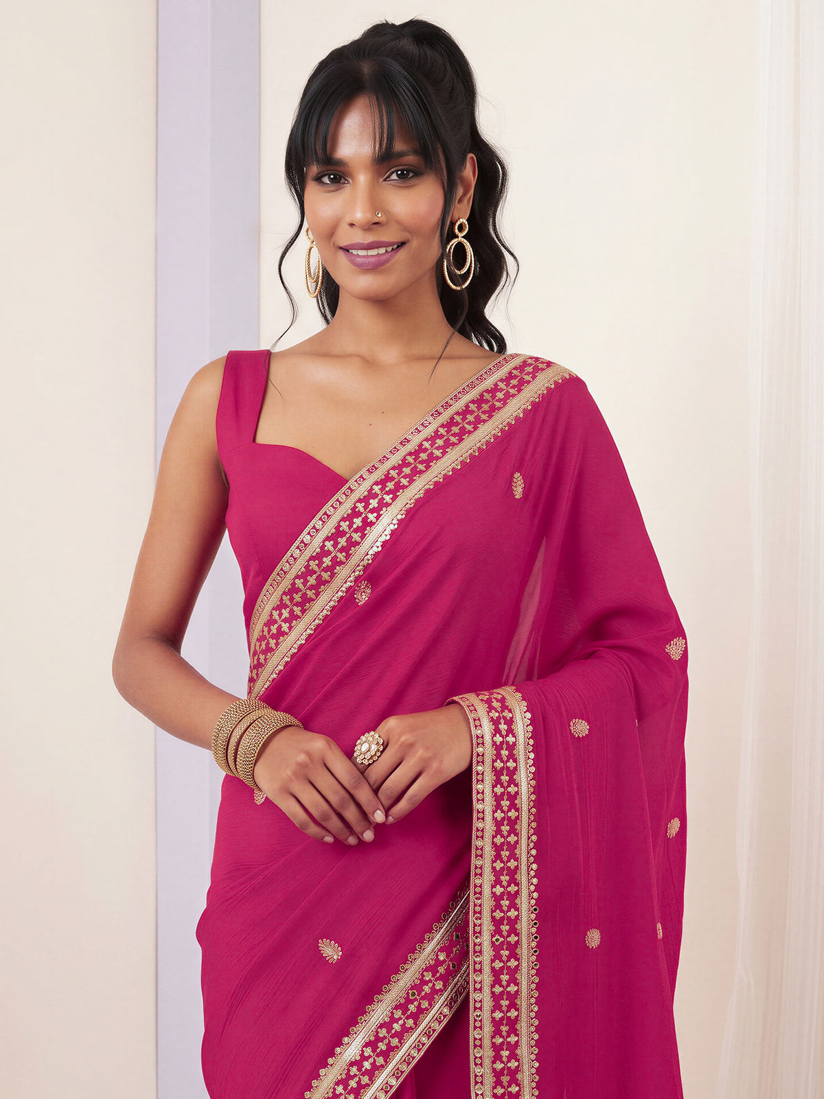 Pink Vichitra Silk saree – detail view 4