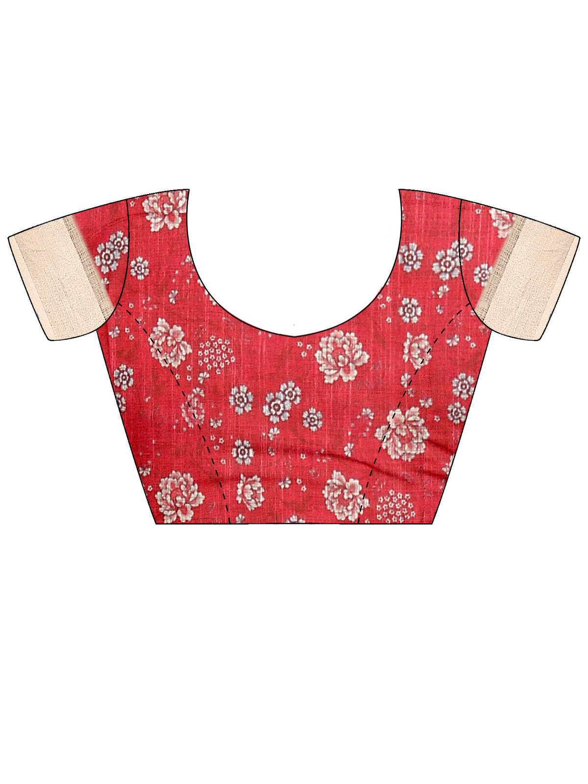 Unstitched red cotton linen blouse piece with botanical design