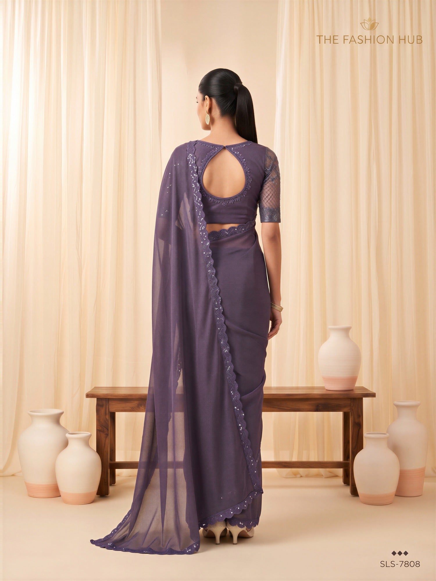 Violet Georgette saree – detail view 1
