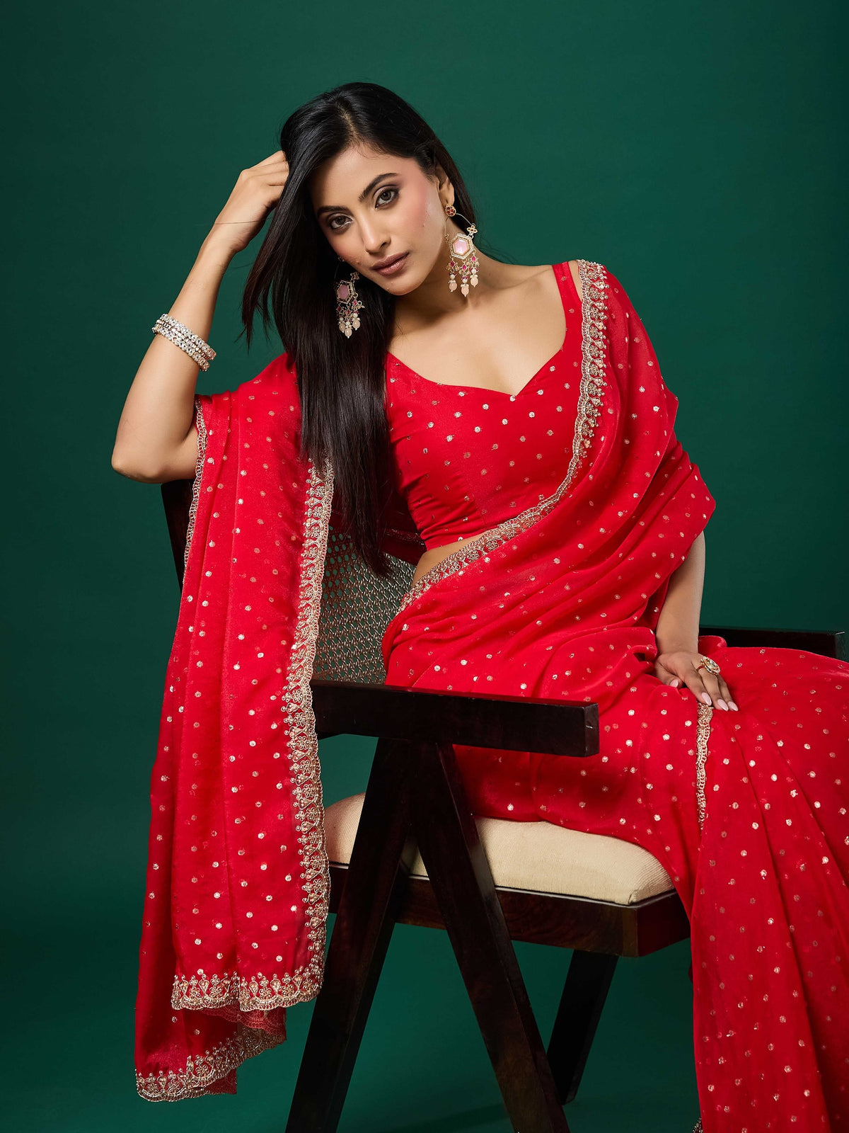 Red Georgette saree – detail view 4