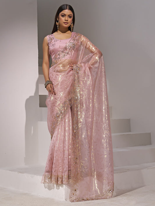Pink applique organza saree with pink blouse piece