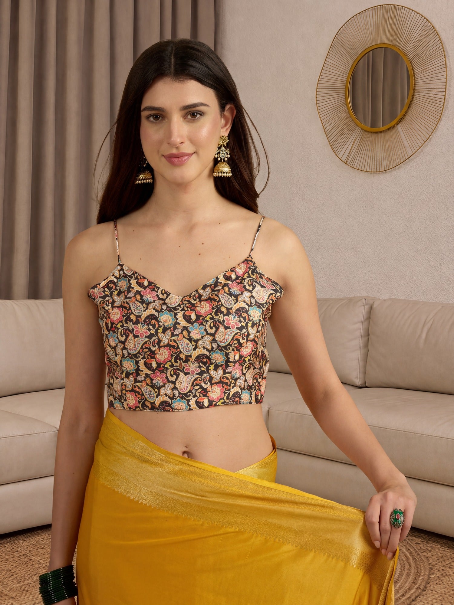 Unstitched black mysore silk blouse piece with kalamkari design