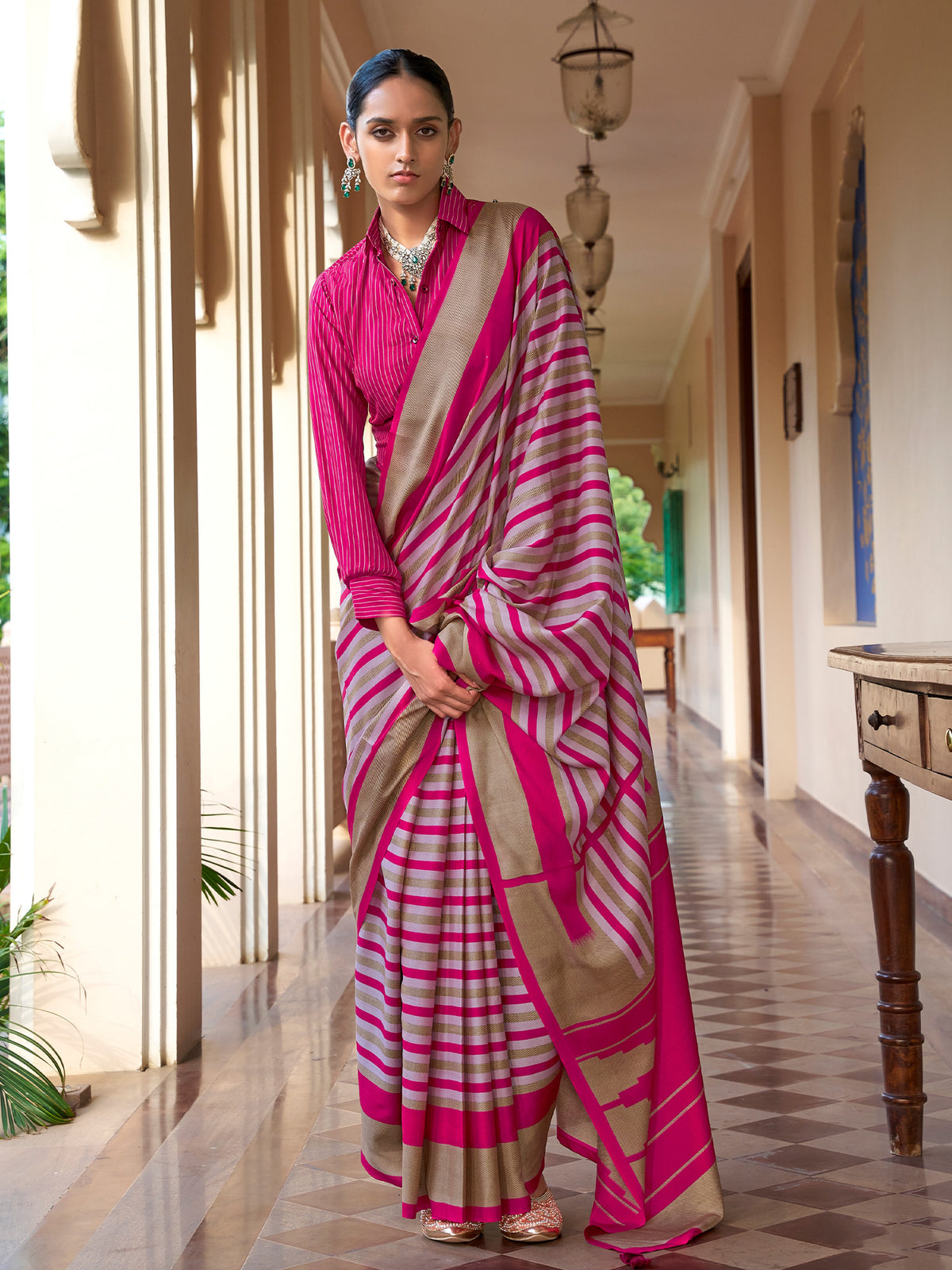 Pink striped crepe saree with pink blouse piece