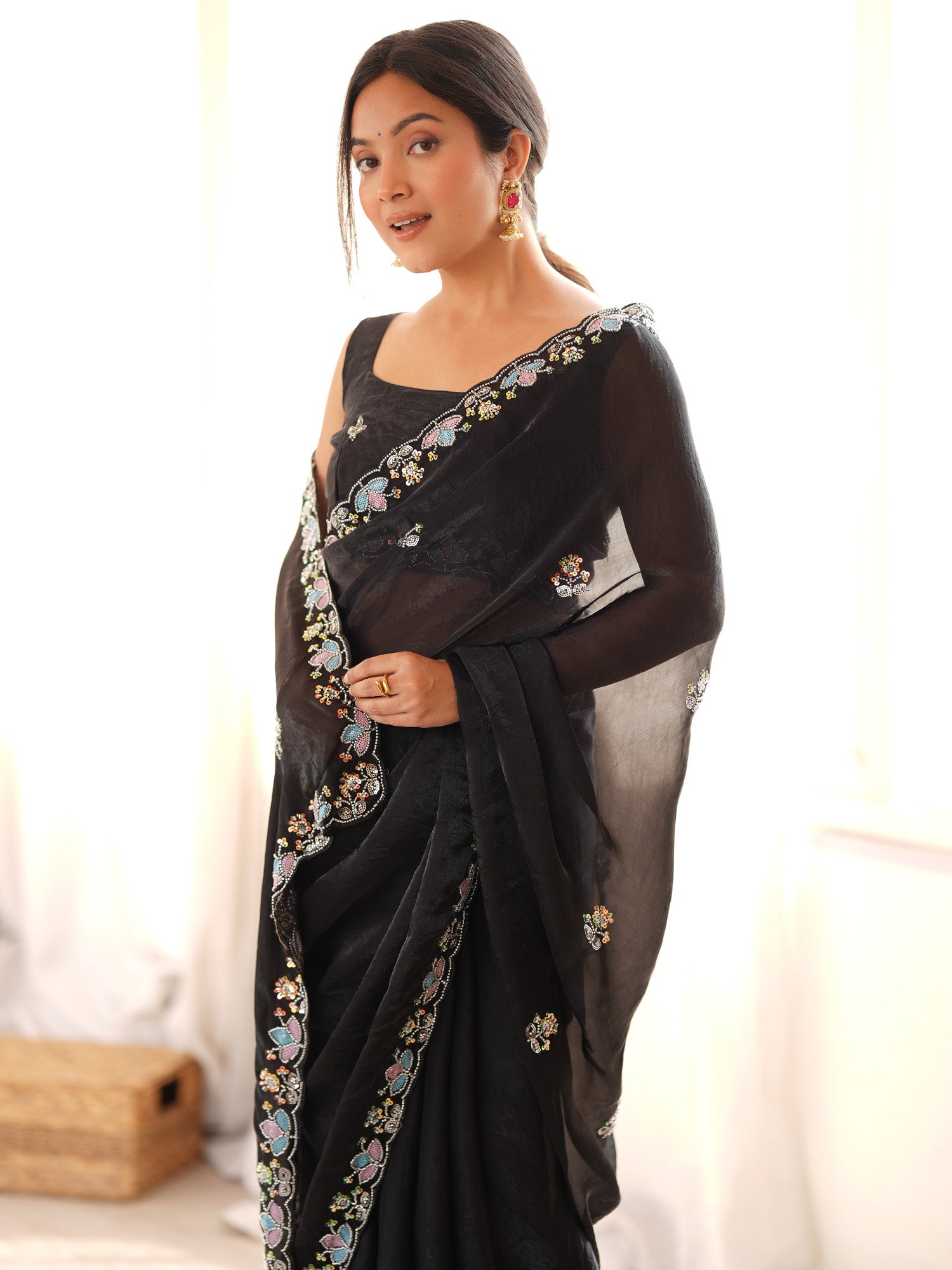 Black Satin saree – detail view 4