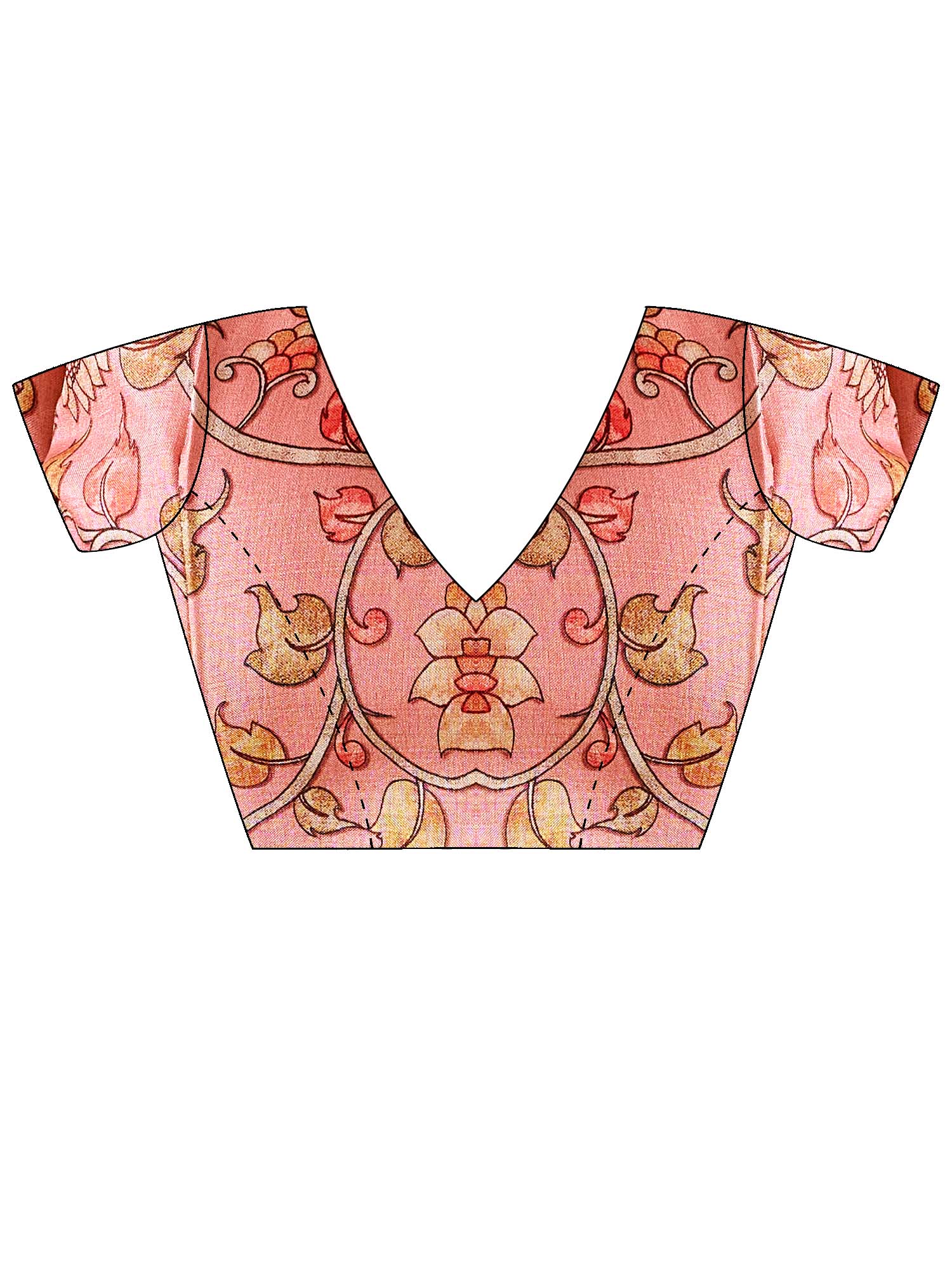 Unstitched peach tussar silk blouse piece with botanical design