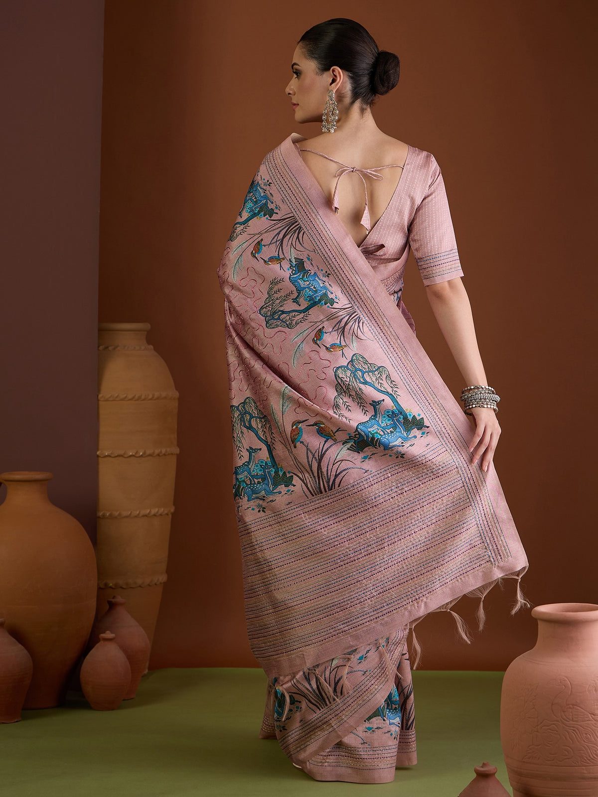 Pink art silk saree view 2
