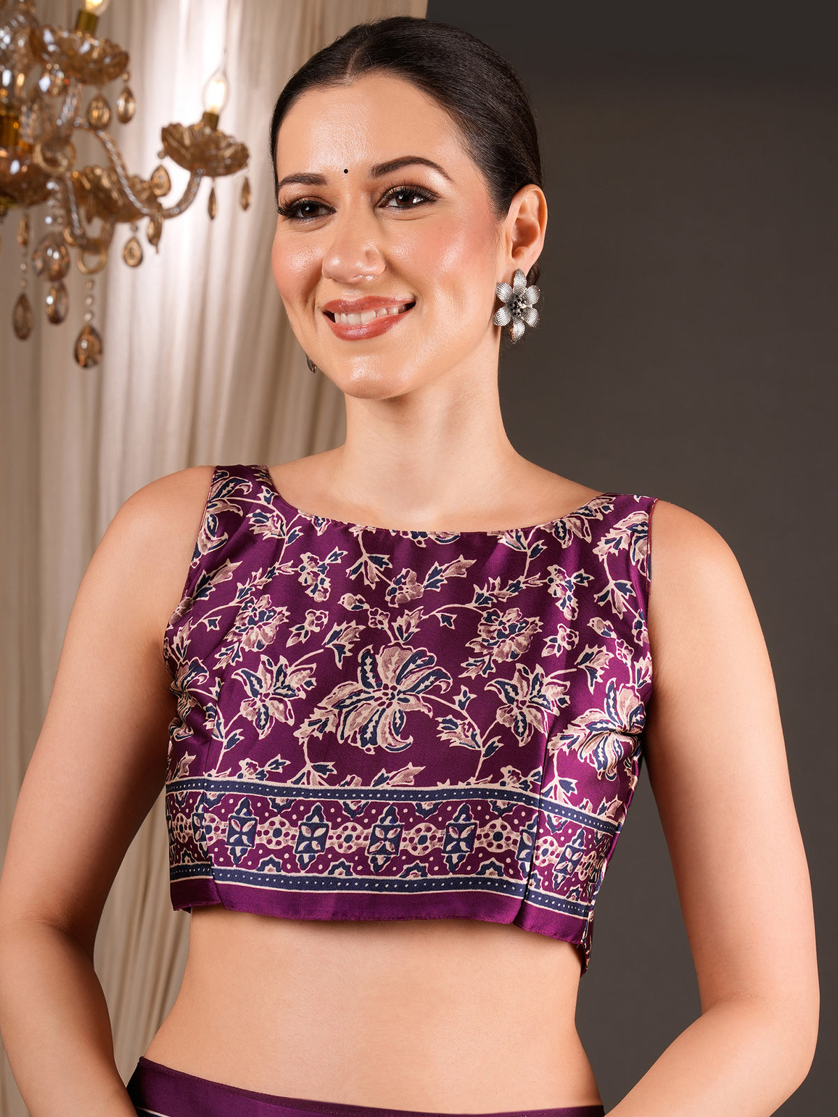 Unstitched wine satin blouse piece with ajrak design