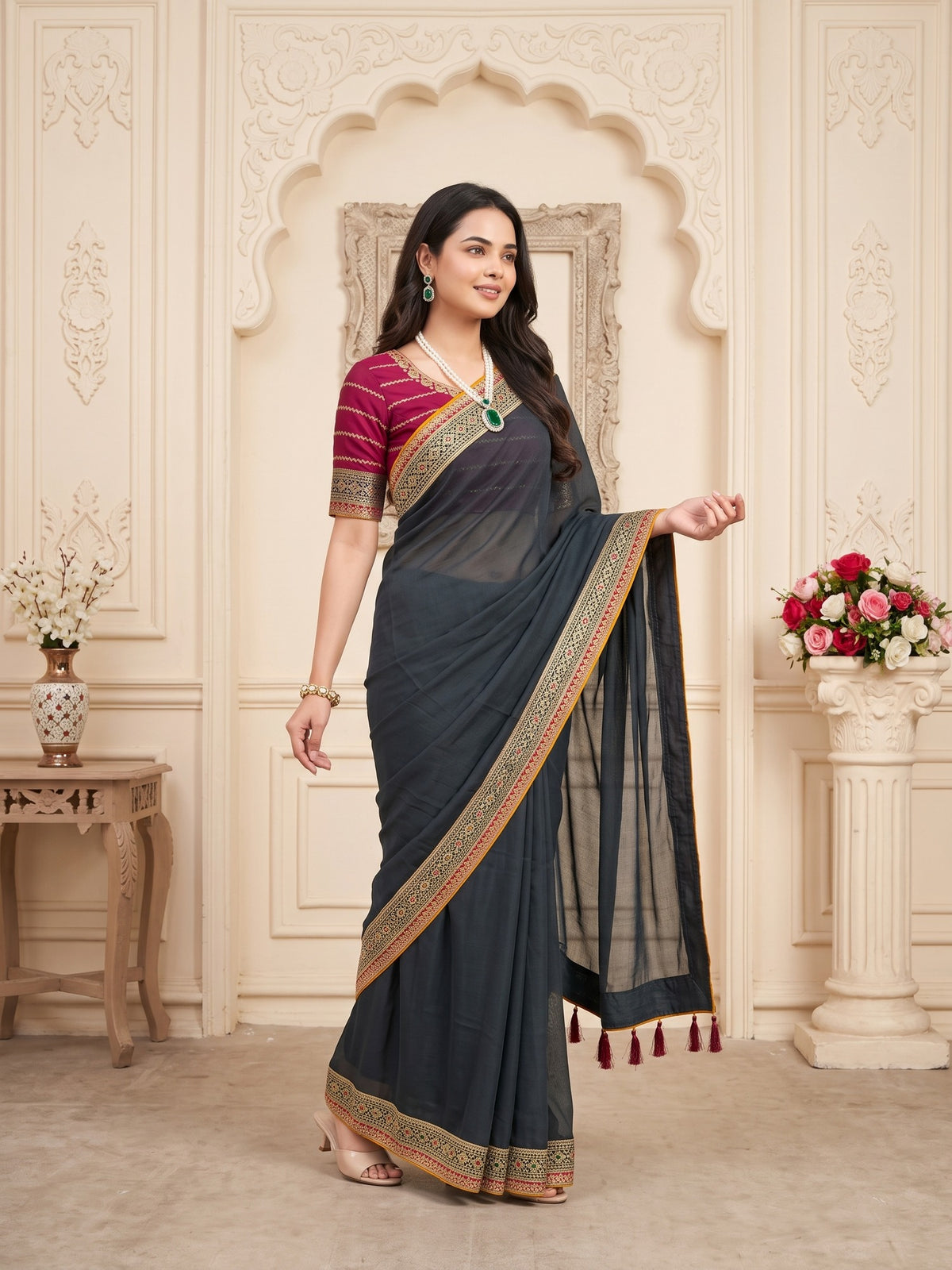 Green Vichitra Silk saree – detail view 4