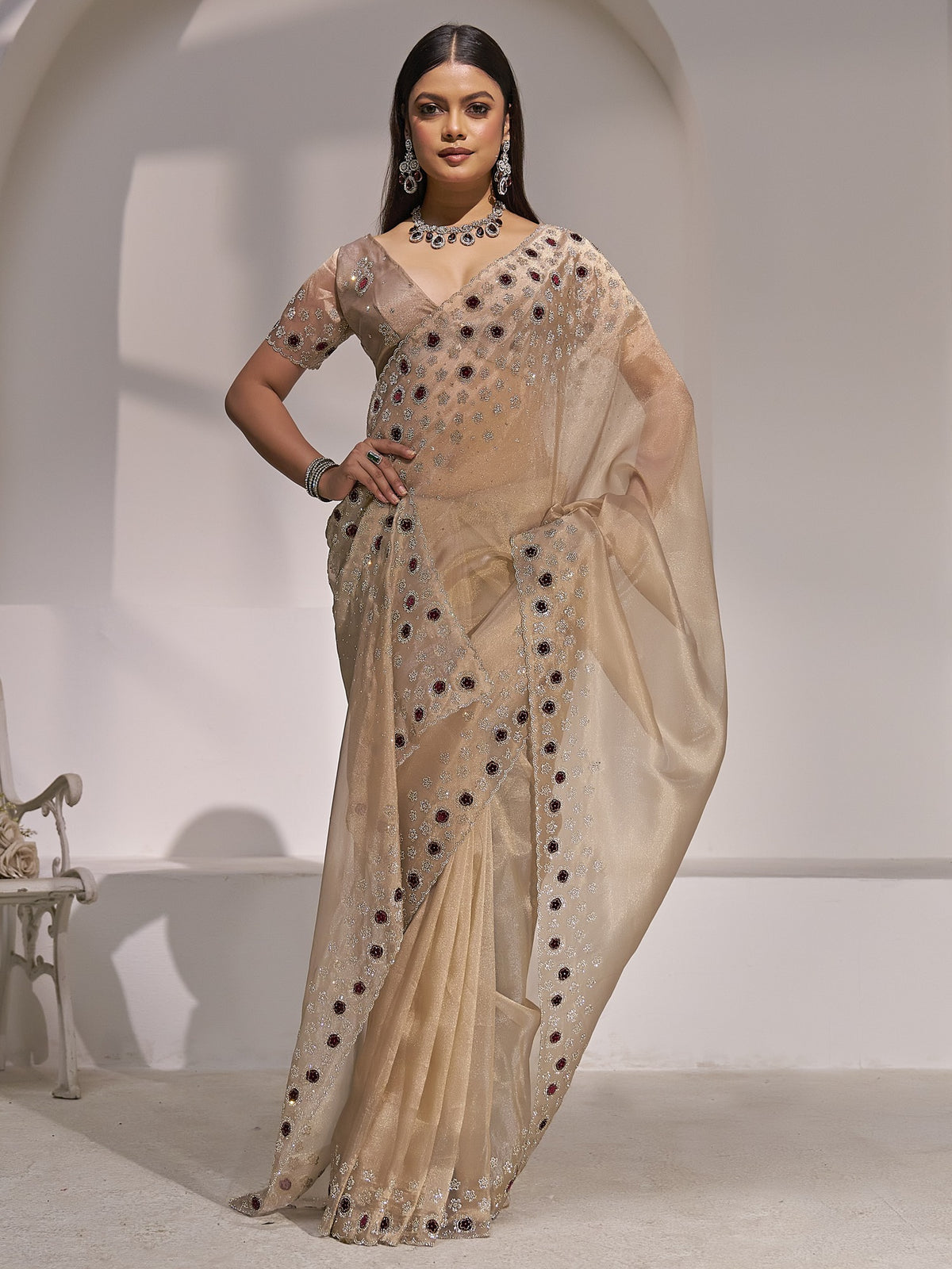 Champagne organza saree view 1
