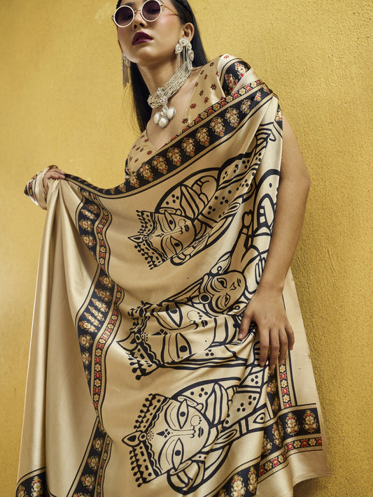 Beige satin saree view 1