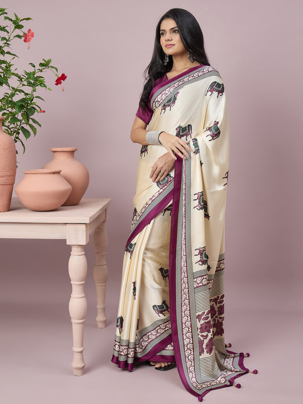 Off White satin saree view 4