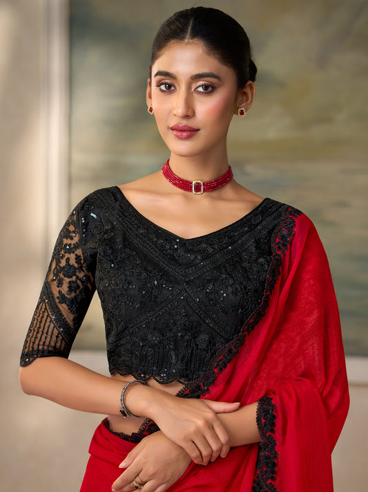 Red Chiffon saree – detail view 1