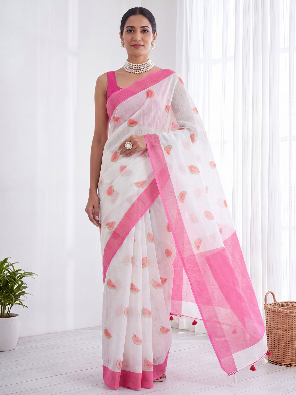 Pink Cotton Linen saree – detail view 3