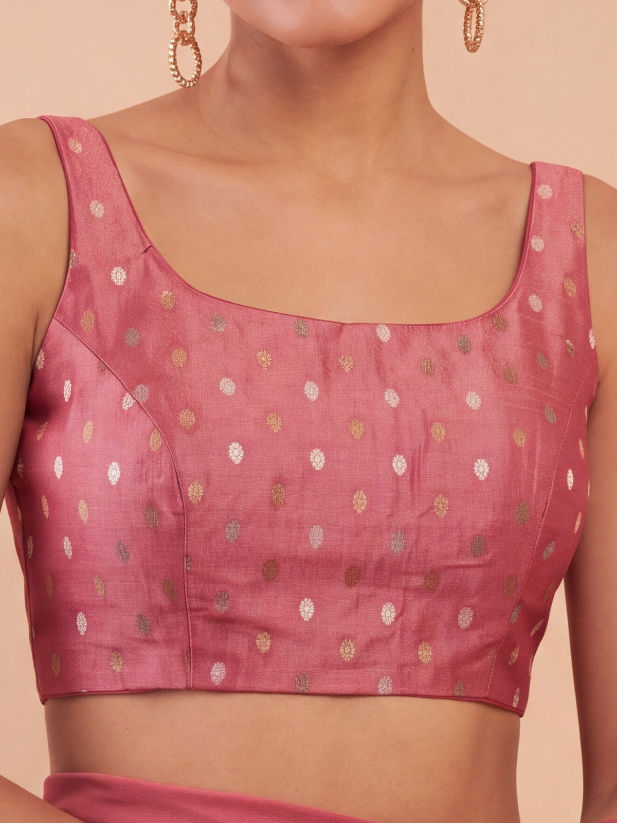 Peach zari woven georgette sleeveless readymade saree blouse with round neck view 3