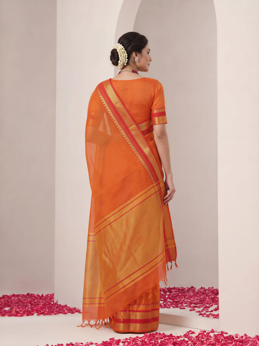 Orange kota doria cotton saree view 1