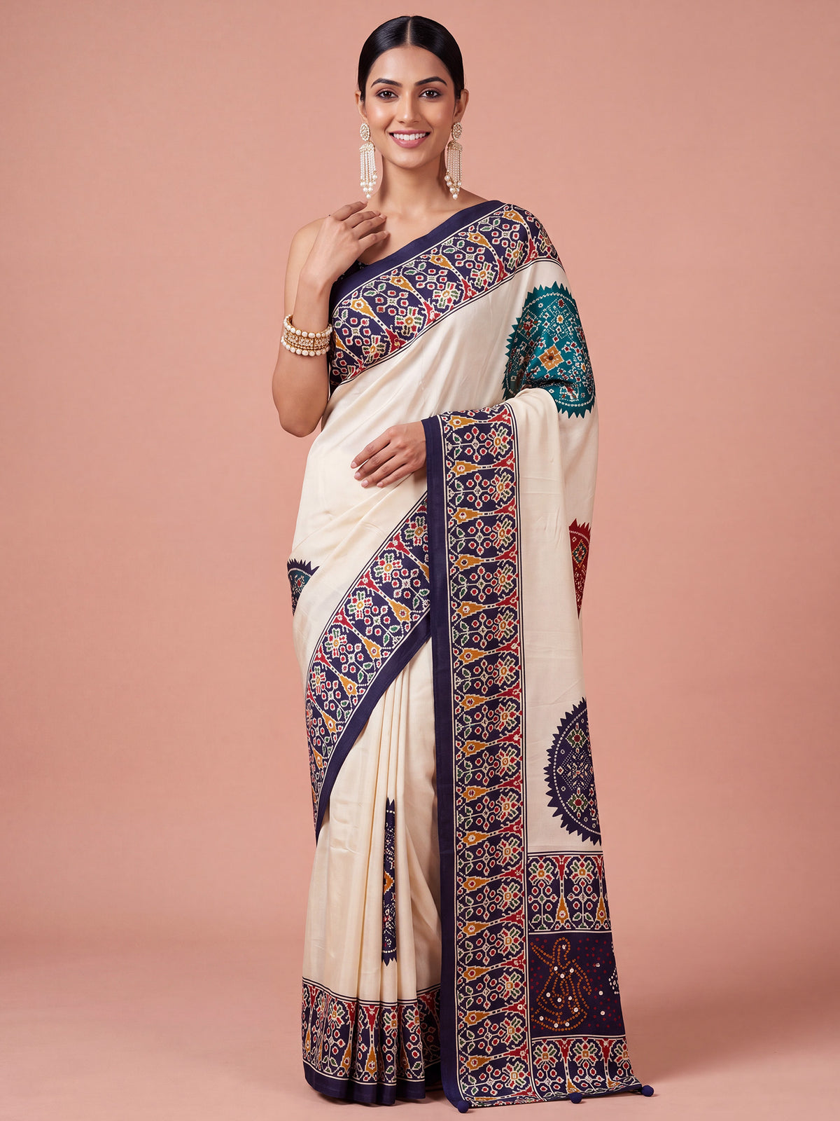 Navy Blue ajrak satin saree with navy blue blouse piece
