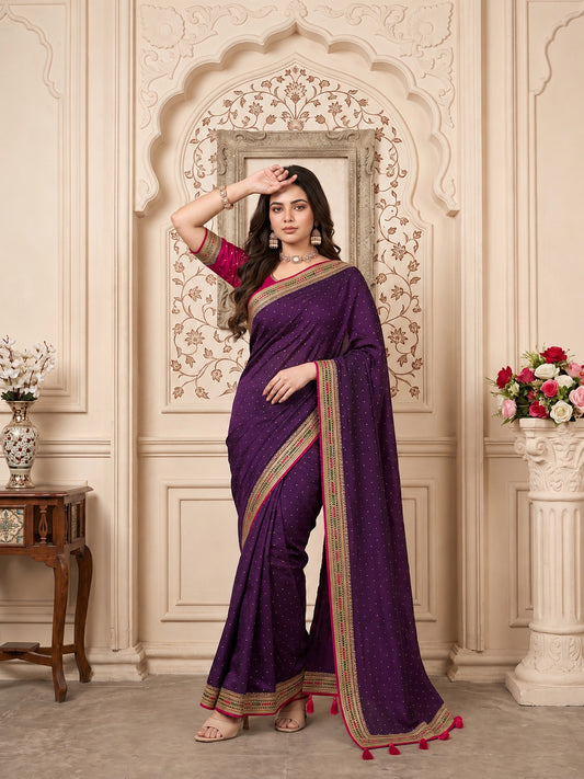 Woman wearing wine vichitra silk saree with ornamented surface design and pink blouse