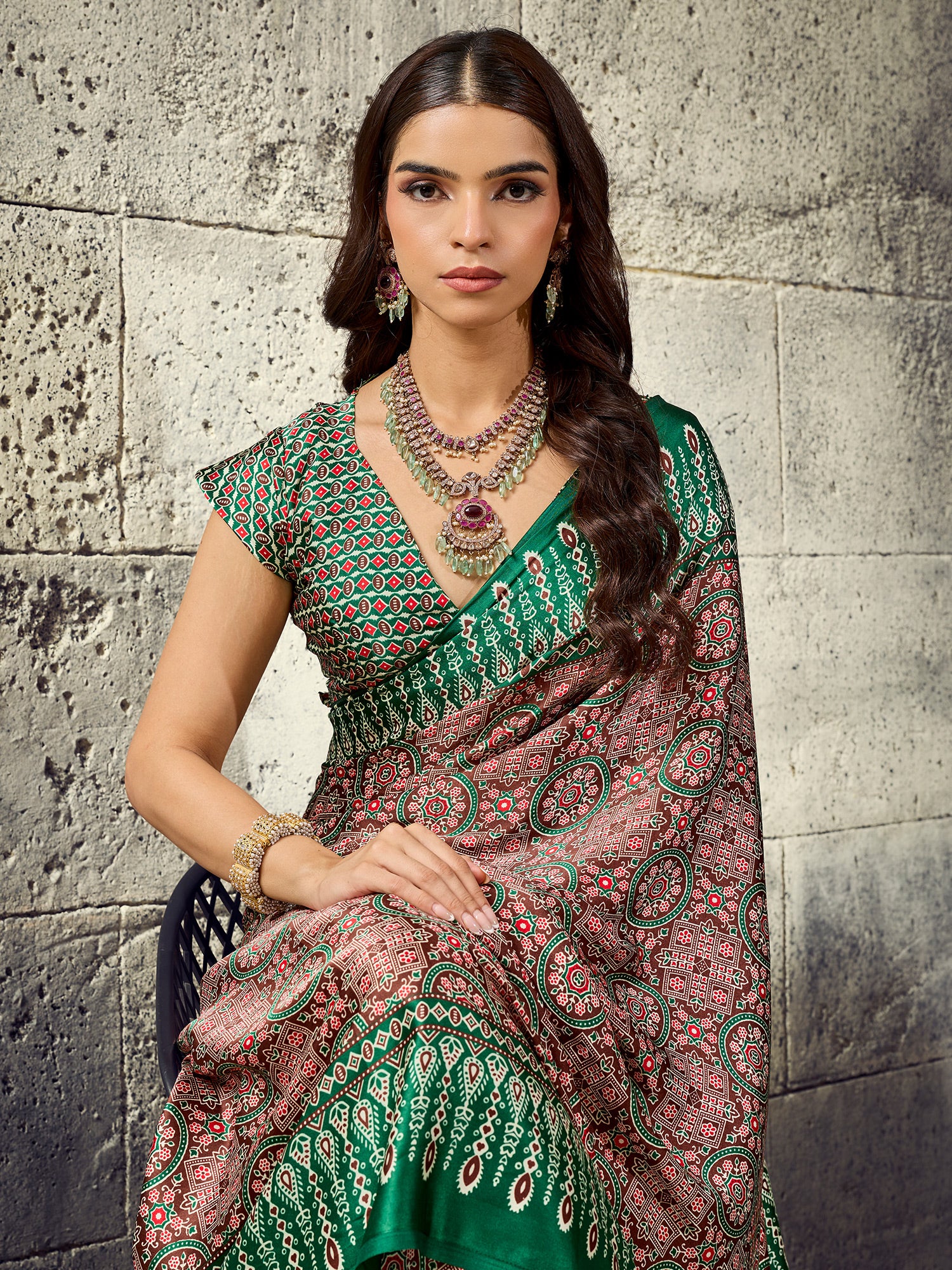 Green Satin saree – detail view 3